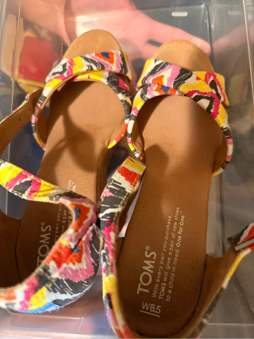 Toms Cork Wedge Sandals in Yellow, Pink & Black Ikat